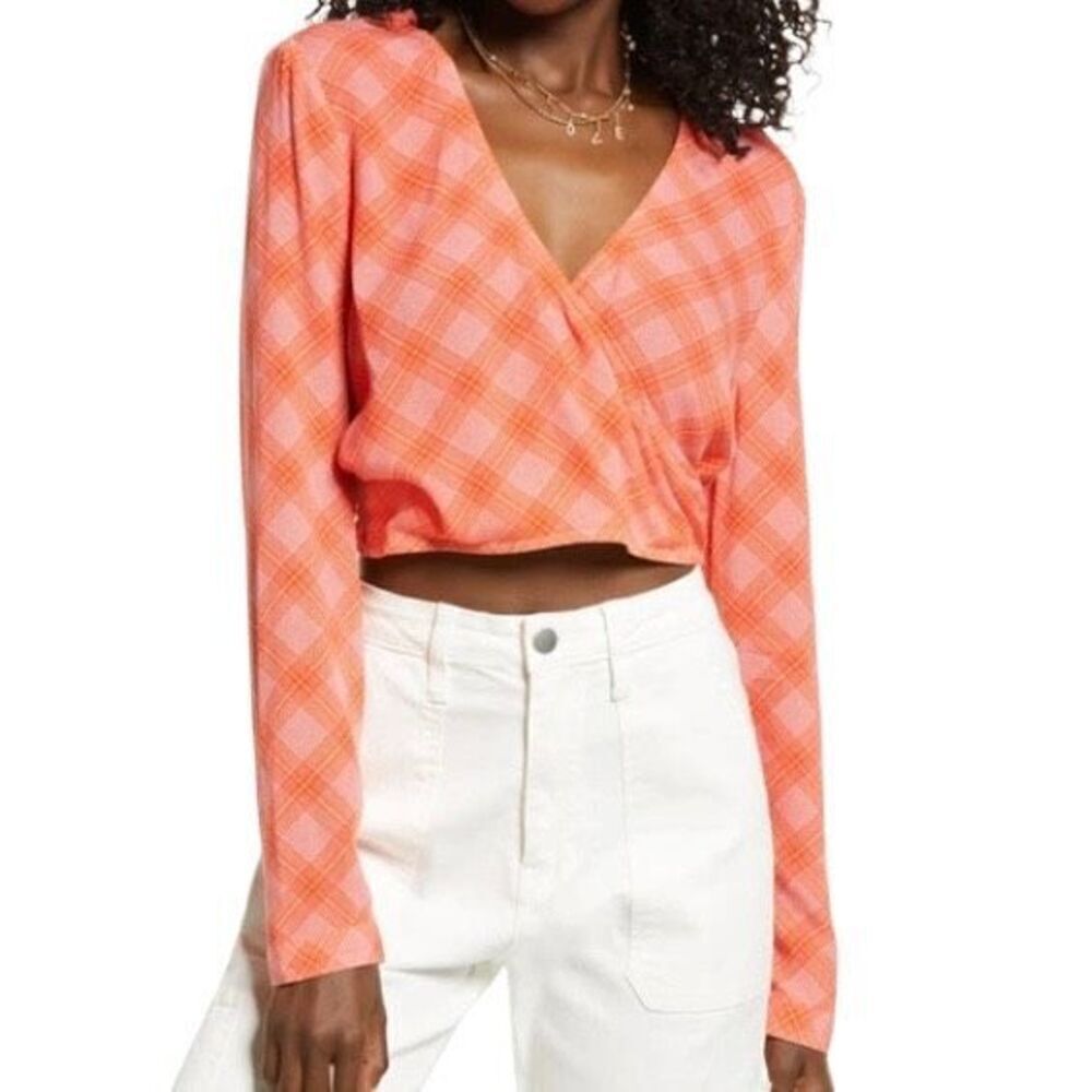 BP Surplice V-Neck Long Sleeve Crop Top Plaid‎ Orange Pink Juniors Women XS NWT